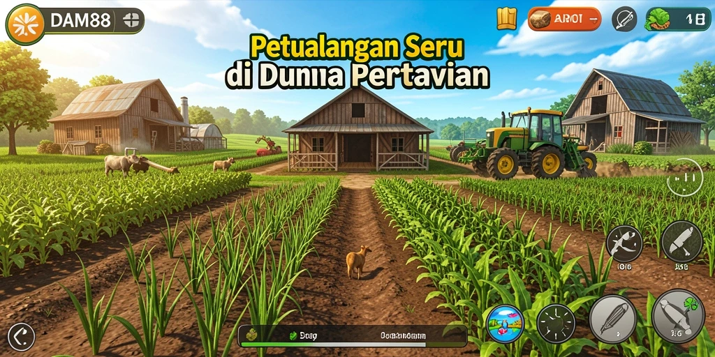 Screenshot gameplay DAM88 menampilkan aktivitas bertani yang seru dan interaksi dengan hewan.